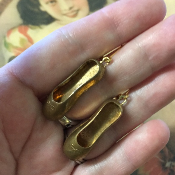 Vintage Brass Tiny Ballerina Slipper Earrings - Picture 2 of 6